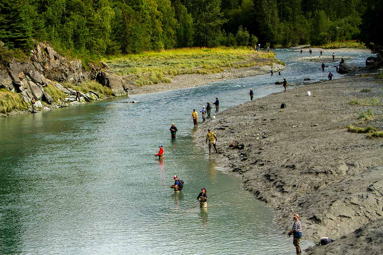 Large group fly fishing on the river.